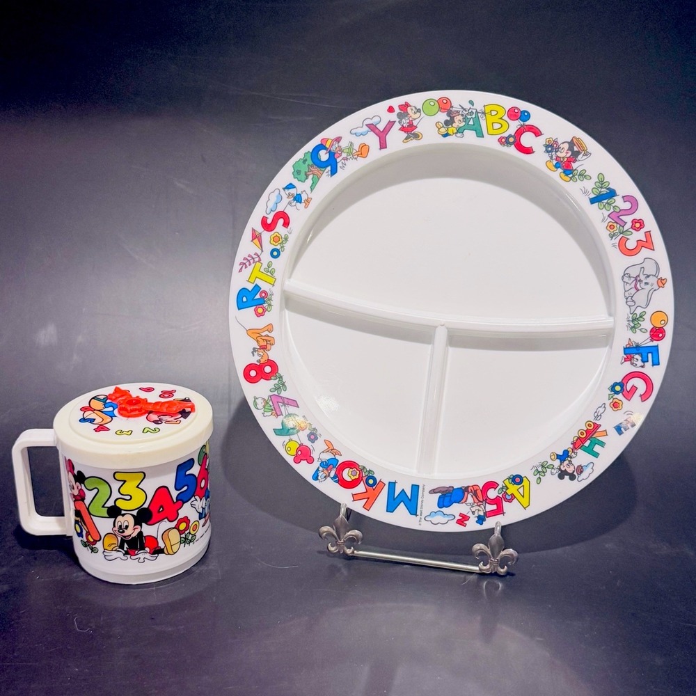 Vintage Disney Mickey & Friends Superseal Child's Cup & Plate ABC & Tell Time